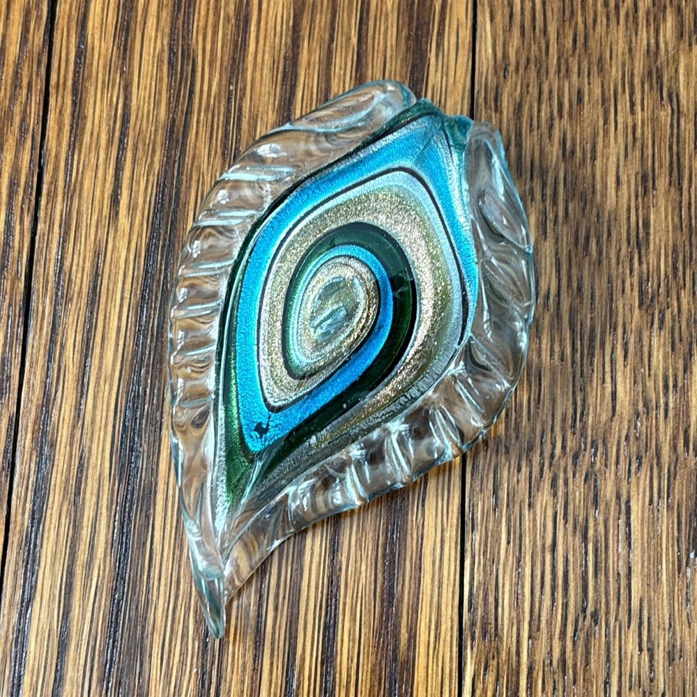 Beautiful Art Glass Blue Gold Clear Swirl Leaf Pendant